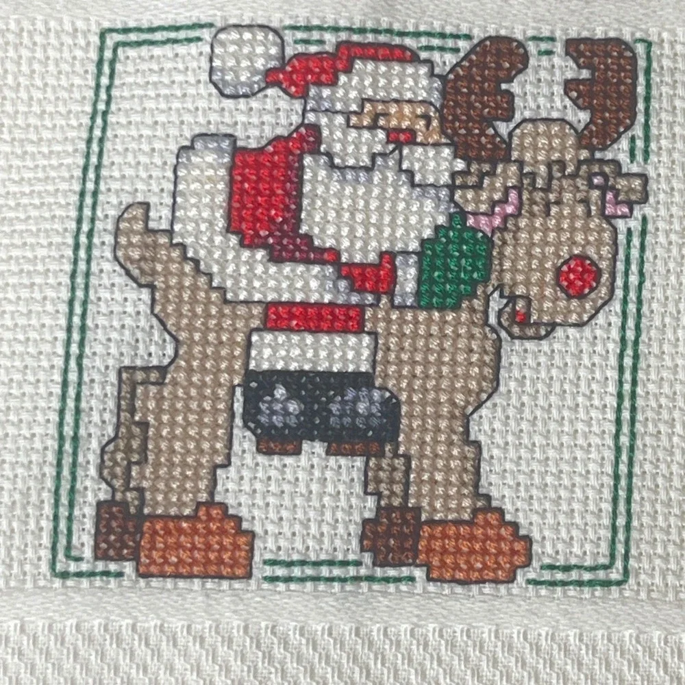 Vintage Handmade Christmas Cross Stitch Santa Reindeer Waffle Hand Towels Set 3